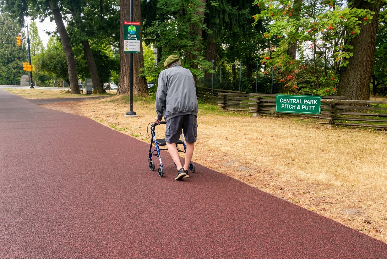 A senior resident uses a walker on the red shared pathway beside Central Park Pitch & Putt in Burnaby